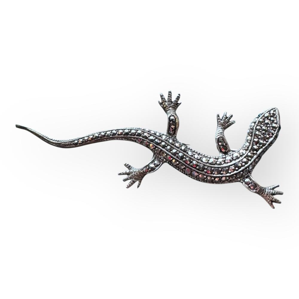 Vintage German 935 Sterling Silver Marcasite Lizard Brooch- Art Deco Gecko Pin